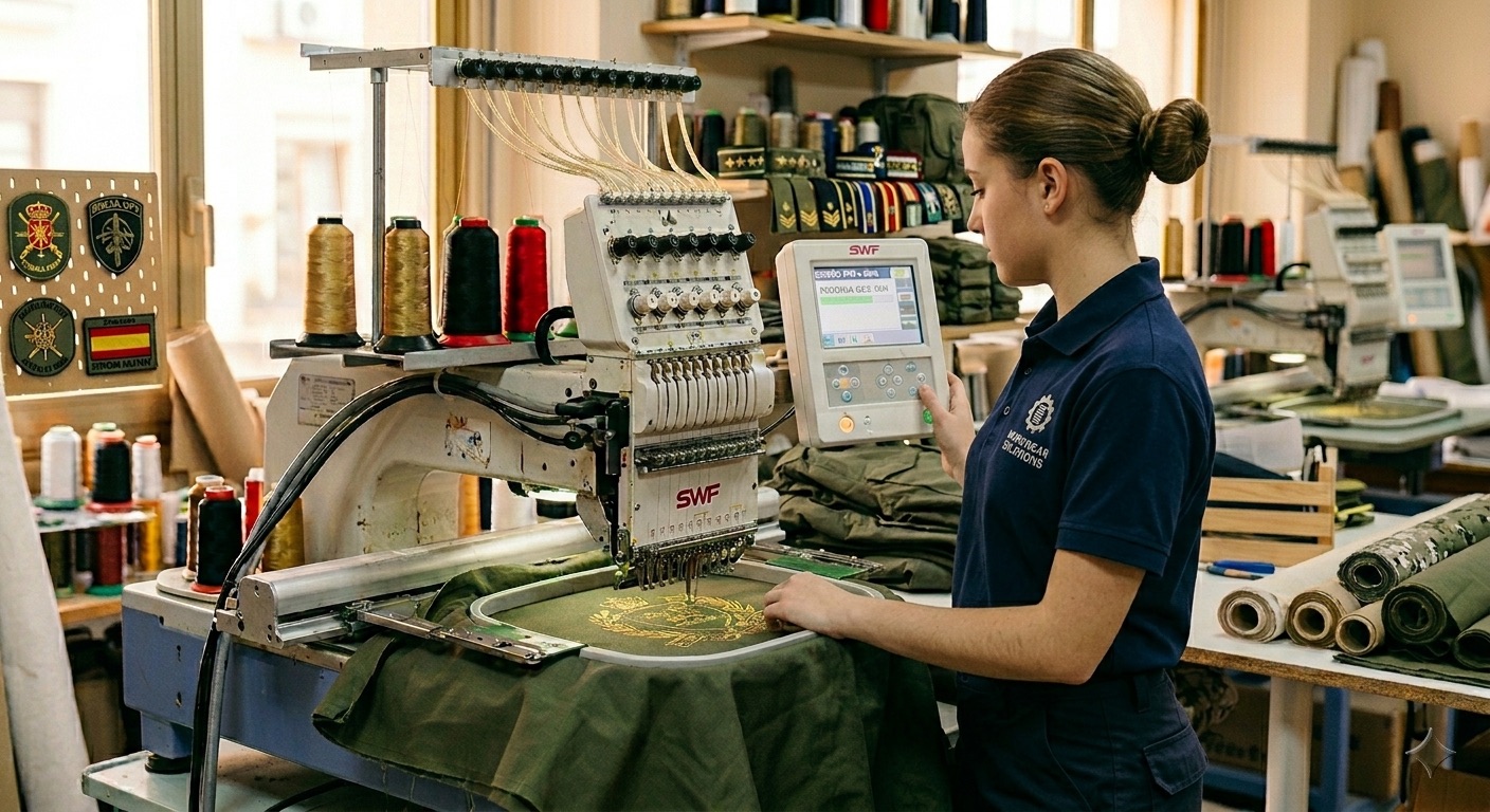 Artesana bordando un parche militar en Tessera Textile